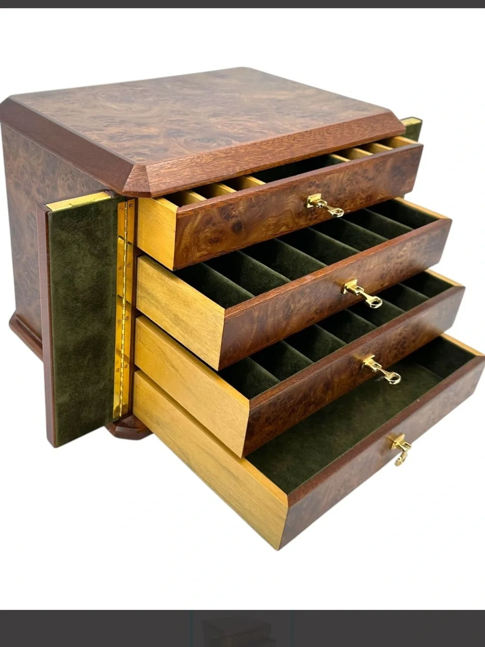 Gucci Italian Burl Wood Four Drawer Jewelry Chest with Gold Hardware